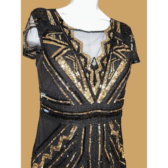 VIJIV 1920s Style V Neck Inspired Sequins Cocktail Flapper Dress Black Gold XL - Picture 2 of 7